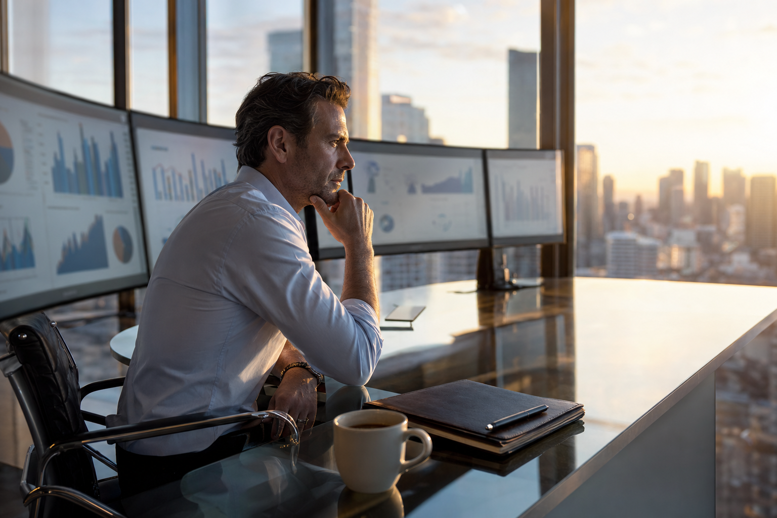 Executiv studiind date de business intelligence pe monitoare curbate într-un birou de colț la ora aurie