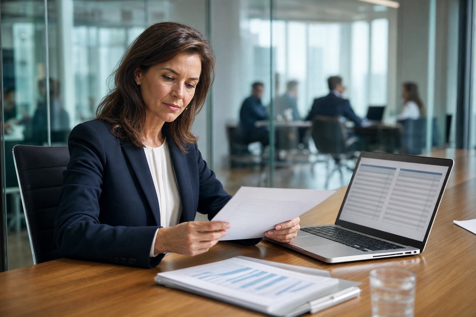 CFO revizuind date de profitabilitate într-o sală de ședințe cu pereți de sticlă