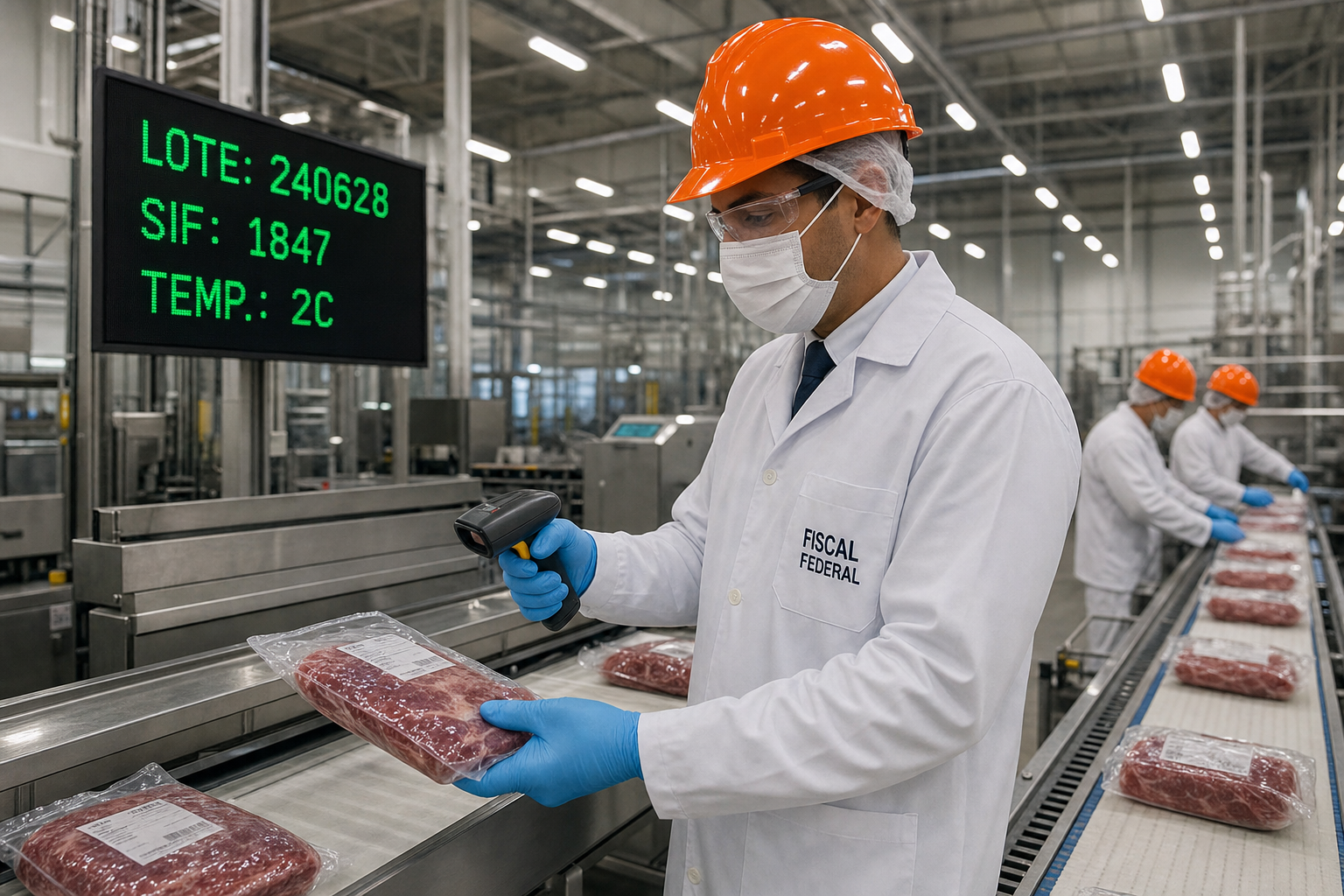 Inspectorul federal de alimente în haină albă de igienă și cască portocalie scanând un pachet etanș pe o bandă transportoare din oțel inoxidabil într-o fabrică modernă de prelucrare a alimentelor din Brazilia, cu o tablă de urmărire a lotului vizibilă în fundal