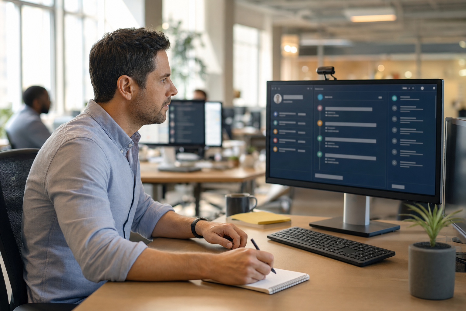 Manager de vânzări revizuind un cont de client pe un monitor mare