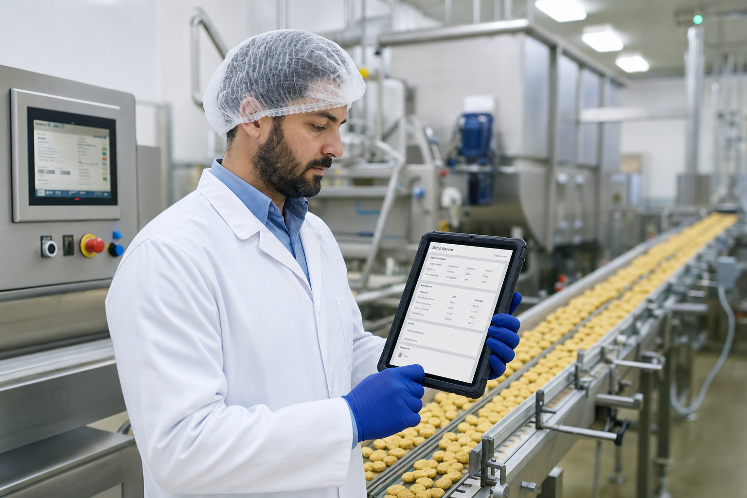 Supervizor de producție alimentară revizuind înregistrarea electronică a lotului pe tabletă la linia de fabricație