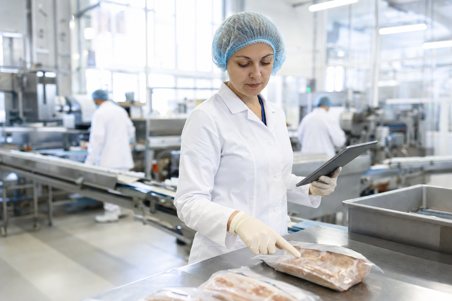 Inspector de calitate alimentară în haină albă examinând produsele pe o linie de producție
