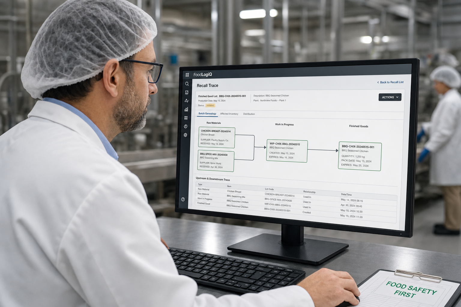 Un manager de control al calității într-o instalație de producție alimentară folosind o tabletă pentru a revizui o înregistrare digitală a lotului, cu liniile de producție și mașinăria vizibile în fundal.