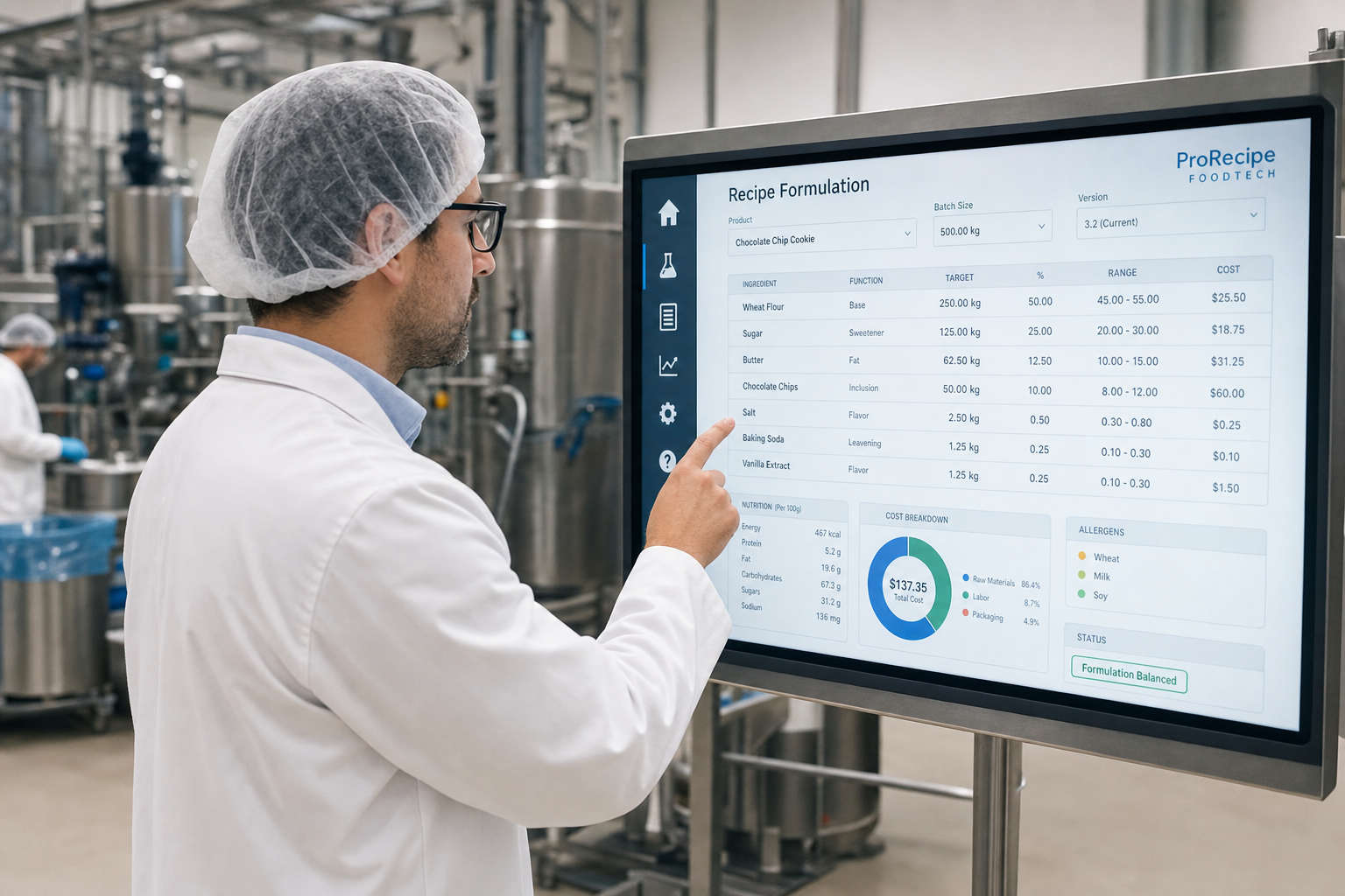 Un manager de producție alimentară folosind o tabletă pentru a vizualiza o rețetă digitală într-un mediu de fabrică modern și curat.
